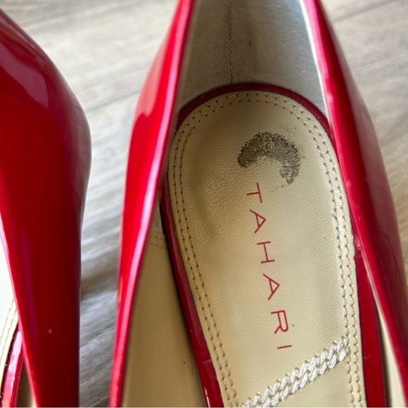 Tahari RIDDLE Red Patent  Leather Heels Open Square Toe Pumps - Picture 13 of 15